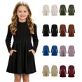 thumbnail image 1 of Dzrciro Dresses for Girls, Ribbed Knit Long Sleeve Crewneck A-Line Fall Winter Soft Black Princess Dress with Side Pockets, 5-15 Years, 1 of 8