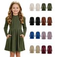 thumbnail image 1 of Dzrciro Dresses for Girls, Ribbed Knit Long Sleeve Crewneck A-Line Fall Winter Soft Green Princess Dress with Side Pockets, 5-15 Years, 1 of 8