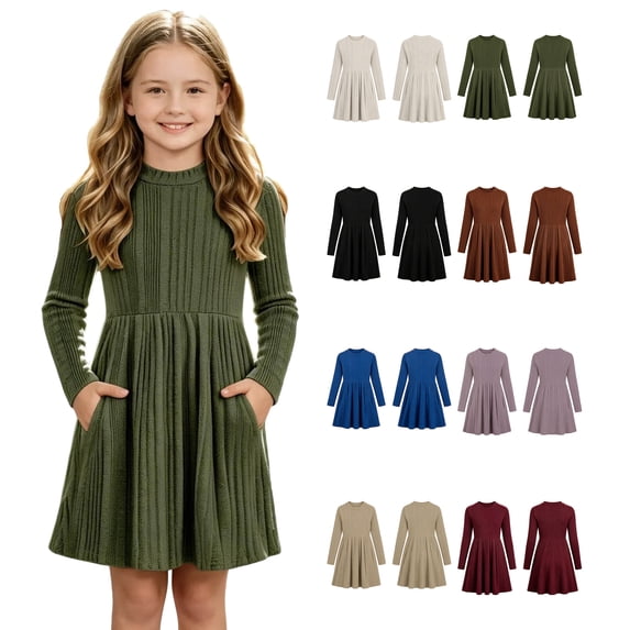 Dzrciro Dresses for Girls, Ribbed Knit Long Sleeve Crewneck A-Line Fall Winter Soft Green Princess Dress with Side Pockets, 5-15 Years