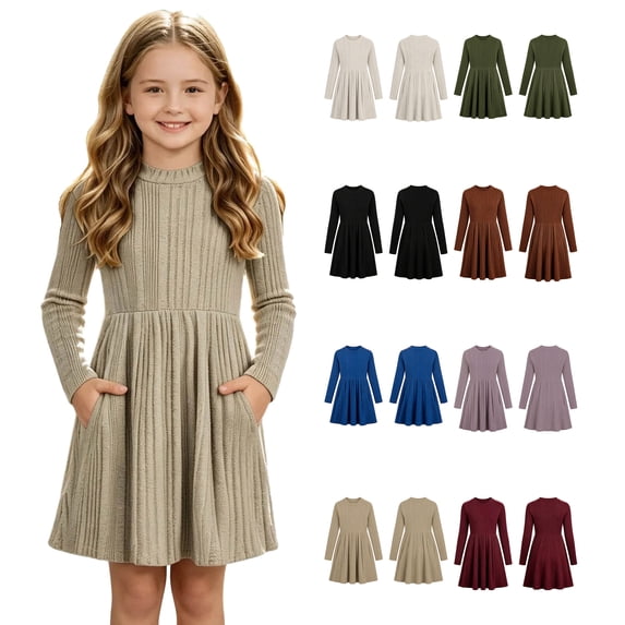 Dzrciro Dresses for Girls, Ribbed Knit Long Sleeve Crewneck A-Line Fall Winter Soft Khaki Princess Dress with Side Pockets, 5-15 Years