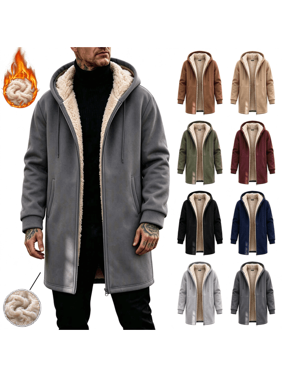 Fleece Jacket for Men, Big and Tall Drawstring Long Sleeve Zip Up Mid-Length Drak Gray Hoodie Jacket with Pockets, Winter Thermal Warm Outerdoor Coats S-3XL