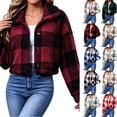 thumbnail image 1 of Dzrciro Fleece Jacket for Women, Plaid Long Sleeve Lapel Button Front Cropped Sherpa Coat, Winter Warm Outerwear S‑2XL, 1 of 8