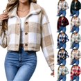 thumbnail image 1 of Dzrciro Fleece Jacket for Women, Plaid Long Sleeve Lapel Button Front Cropped Sherpa Coat, Winter Warm Outerwear S‑2XL, 1 of 8