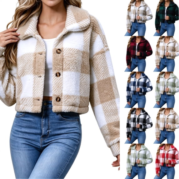 Dzrciro Fleece Jacket for Women, Plaid Long Sleeve Lapel Button Front Cropped Sherpa Coat, Winter Warm Outerwear S‑2XL