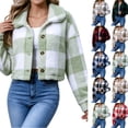 thumbnail image 1 of Dzrciro Fleece Jacket for Women, Plaid Long Sleeve Lapel Button Front Cropped Sherpa Coat, Winter Warm Outerwear S‑2XL, 1 of 8