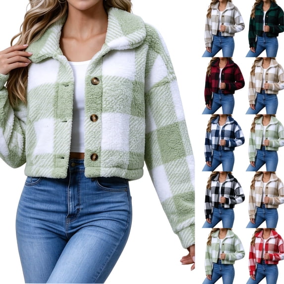Dzrciro Fleece Jacket for Women, Plaid Long Sleeve Lapel Button Front Cropped Sherpa Coat, Winter Warm Outerwear S‑2XL