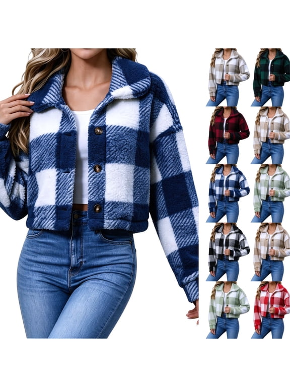 Fleece Jacket for Women, Plaid Long Sleeve Lapel Button Front Cropped Sherpa Coat, Winter Warm Outerwear S‑2XL