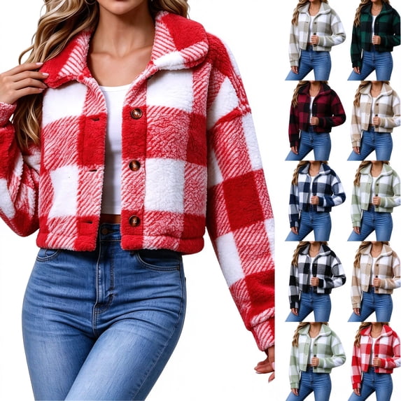 Dzrciro Fleece Jacket for Women, Plaid Long Sleeve Lapel Button Front Cropped Sherpa Coat, Winter Warm Outerwear S‑2XL