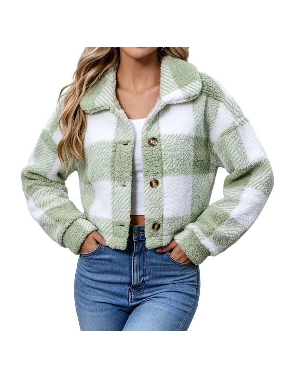 Fleece Jacket for Women, Plaid Long Sleeve Lapel Button Front Cropped Sherpa Coat, Winter Warm Outerwear S‑2XL