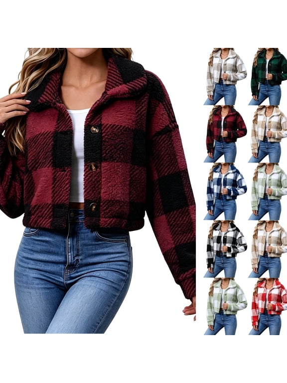 Fleece Jacket for Women, Plaid Long Sleeve Lapel Button Front Cropped Sherpa Coat, Winter Warm Outerwear S‑2XL