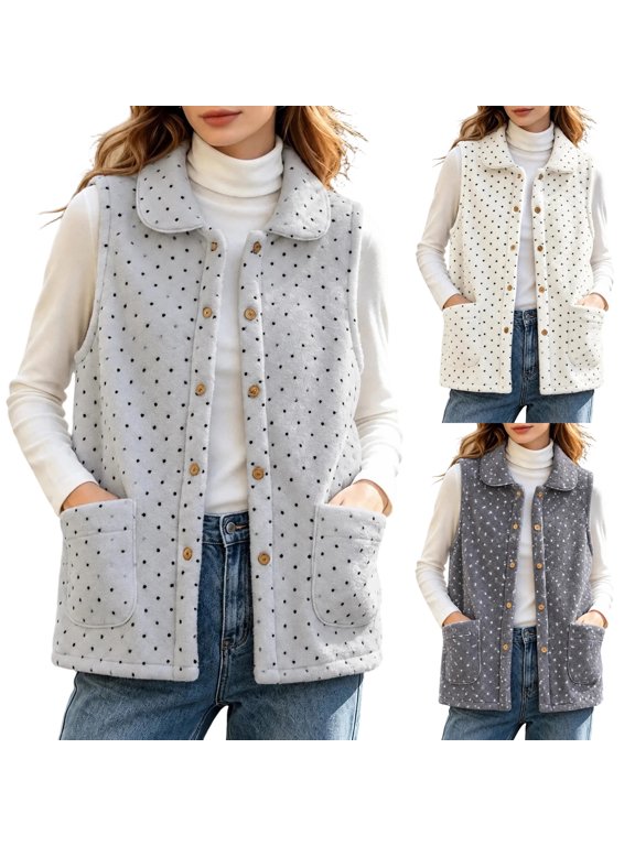 Fleece Vests for Women, Polka Dot Sleeveless Peter Pan Collar Button Down Teddy Vest with Pockets, Winter Soft Warm Outerwear M-XL