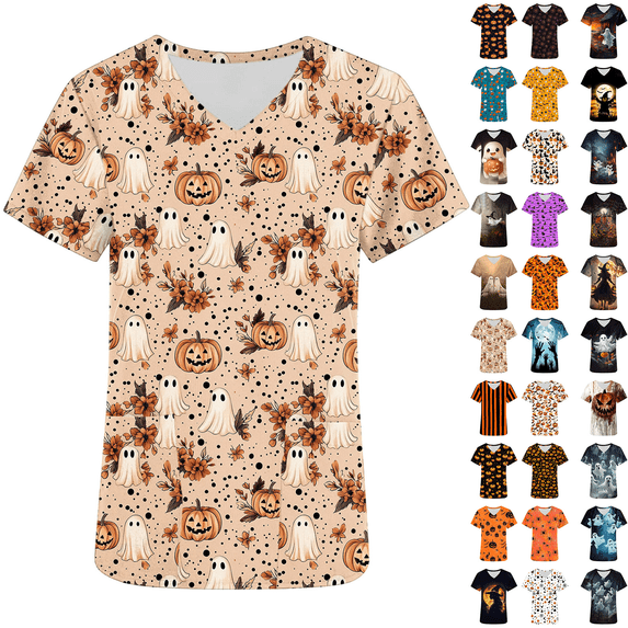 Dzrciro Halloween Scrubs for Women, Plus Size Short Sleeve V Neck Pumpkin Ghost Printed Tops with Pockets, Medical Nurse Workwear Uniform Blouses S-5XL
