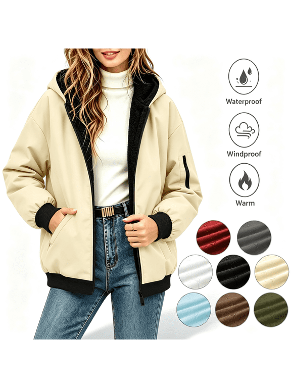Jackets for Women, Fleece Lined Long Sleeve Zip Hooded Jacket with Pockets, Waterproof Windbreaker Warm Winter Outerwear S-2XL