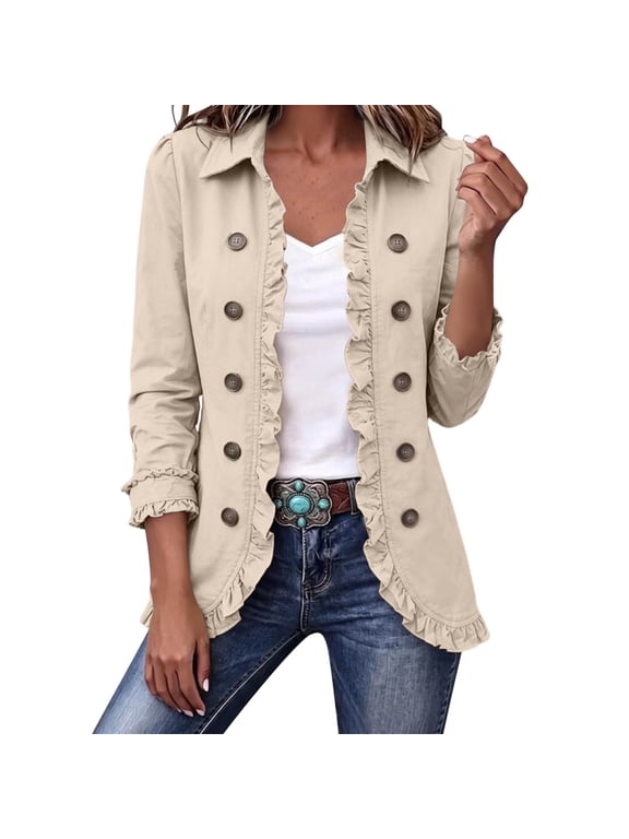 Jackets for Women, Long Sleeve Lapel Open Front Double Breasted Tops with Ruffle Trim, Daily Fall Work Commute Outerwear S‑3XL