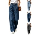 thumbnail image 1 of Dzrciro Jeans for Women, Elastic Ruffle Waist Wide Leg Jeans with Patch Pockets, Comefortable Everyday Denim Pants S-3XL, 1 of 7