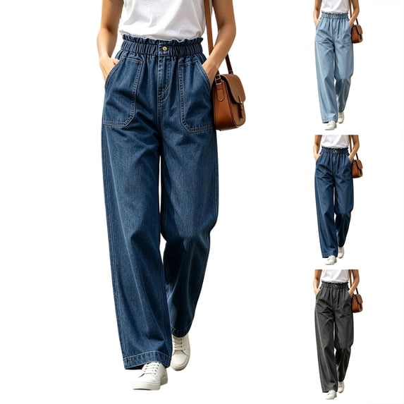 Dzrciro Jeans for Women, Elastic Ruffle Waist Wide Leg Jeans with Patch Pockets, Comefortable Everyday Denim Pants S-3XL