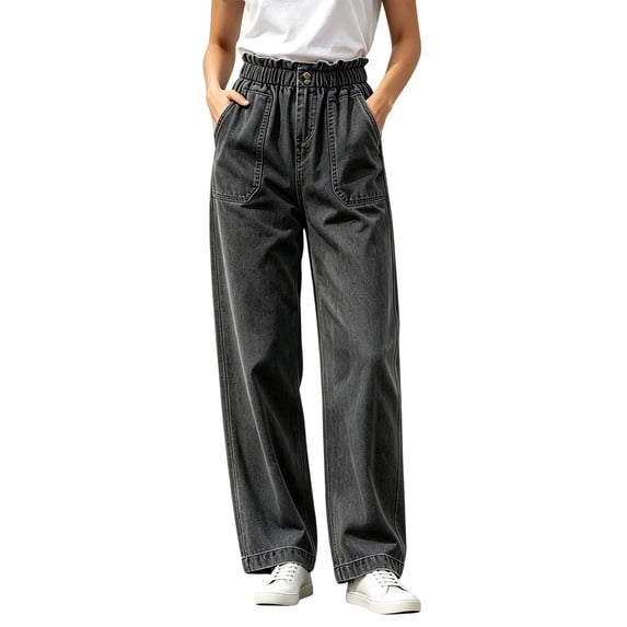 Dzrciro Jeans for Women, Elastic Ruffle Waist Wide Leg Jeans with Patch Pockets, Comefortable Everyday Denim Pants S-9XL