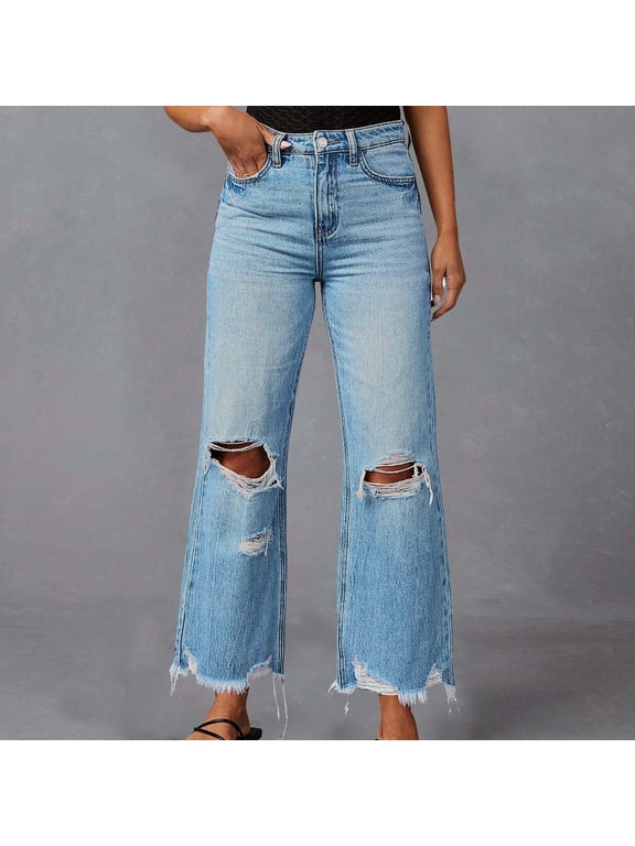 Jeans for Women, High Waist Button Zip Ripped Straight Leg Denim Pants with Pockets, Breathable Beach Vacation Pants S-2XL