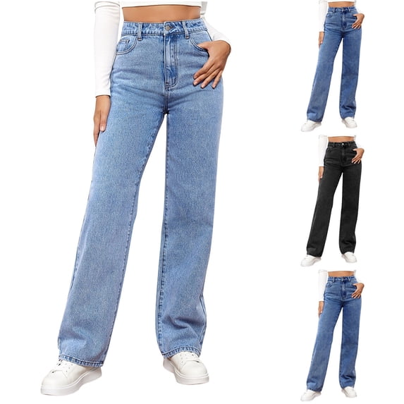 Dzrciro Jeans for Women, High Waist Wide Leg Button Zip Denim Pants with Deep Pockets, Casual Solid Streetwear Holiday Pants S-2XL