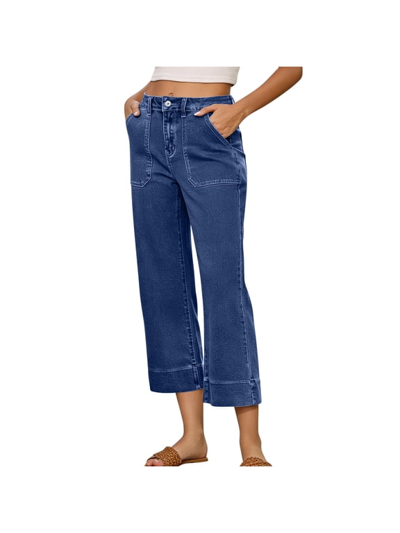 Jeans for Women, High Waisted Wide Leg Button Zip Cuffed Capris with Patch Pockets, Outdoor Vacation Denim Pants S-2XL