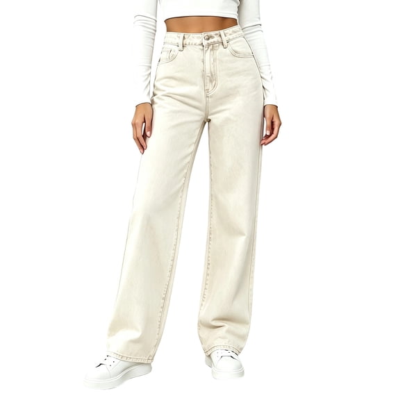 Dzrciro Jeans for Women, Plus Size High Waisted Button Zip Wide Leg Pants with Pockets, Daily Commute Work Denim Pants S-5XL