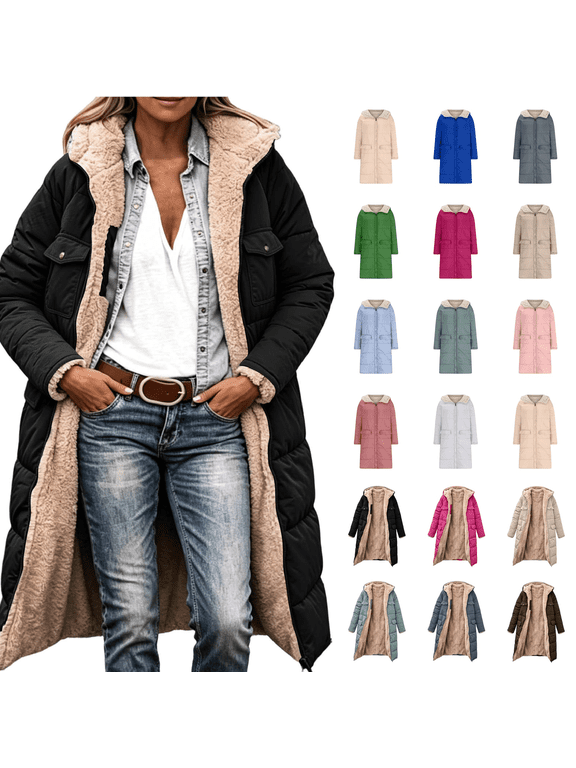 Long Winter Coats for Women, Fleece Lined Collared Full Zip Waterproof Hooded Trench Coat with Pockets, Thick Thermal Versatile Windbreaker Puffer Jackets S-5XL
