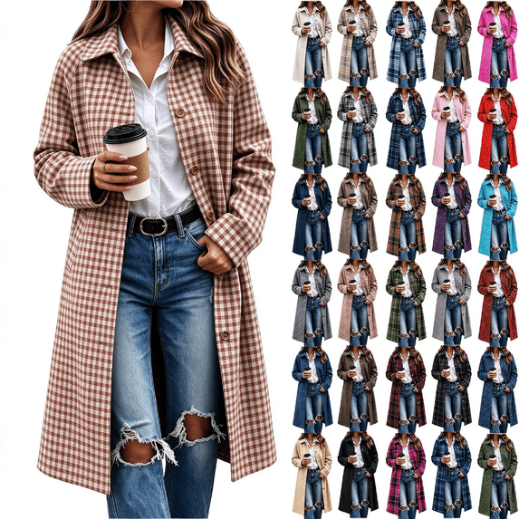 Dzrciro Plaid Long Coat for Women, Long Sleeve Lapel Open Front Button Checkered Trench Coat, Elegant Fashion Fall Outerwear S-2XL