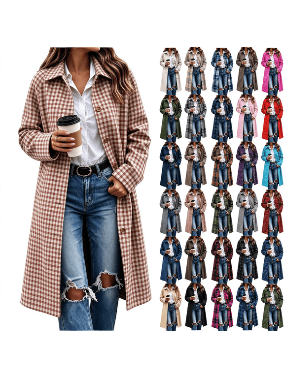 Plaid Long Coat for Women, Long Sleeve Lapel Open Front Button Checkered Trench Coat, Elegant Fashion Fall Outerwear S-2XL