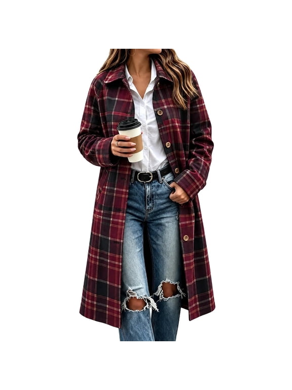 Plaid Long Coat for Women, Long Sleeve Lapel Open Front Button Checkered Trench Coat, Elegant Fashion Fall Outerwear S-2XL