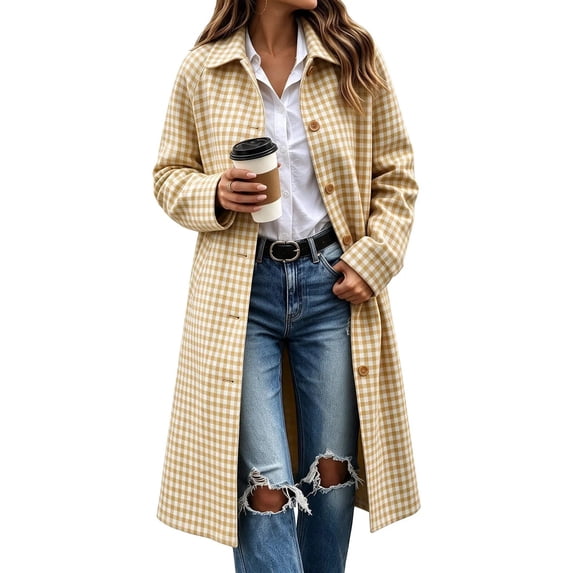 Dzrciro Plaid Long Coat for Women, Long Sleeve Lapel Open Front Button Checkered Trench Coat, Elegant Fashion Fall Outerwear S-2XL