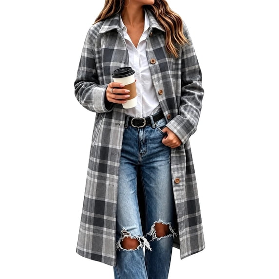 Dzrciro Plaid Long Coat for Women, Long Sleeve Lapel Open Front Button Checkered Trench Coat, Elegant Fashion Fall Outerwear S-2XL