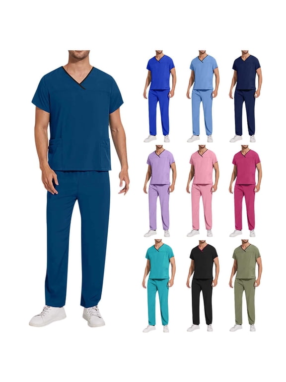 Scrubs for Men, V Neck Short Sleeve Tops and Straight Leg Pants With Side Pockets, Lightweight Solid Two Piece Work Sets for Men S-2XL
