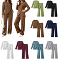 thumbnail image 1 of Dzrciro Sets for Women, Long Sleeve Crew Neck Irregular Wrap Tops and Elastic High Waist Wide Leg Pants 2 Piece Sets with Pockets, Soft Vacation Womens Sets S‑2XL, 1 of 7