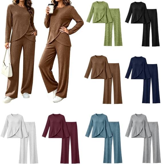 Dzrciro Sets for Women, Long Sleeve Crew Neck Irregular Wrap Tops and Elastic High Waist Wide Leg Pants 2 Piece Sets with Pockets, Soft Vacation Womens Sets S‑2XL