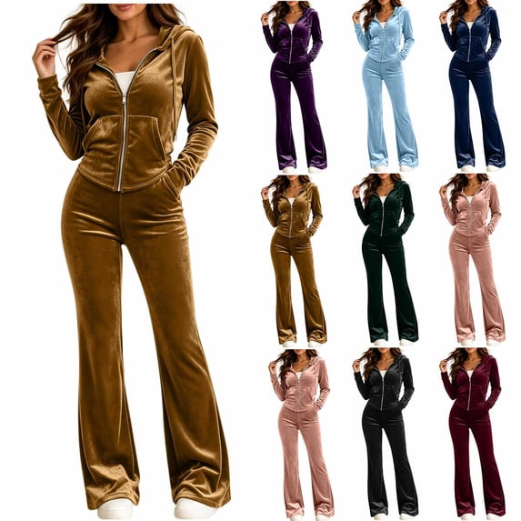 Dzrciro Sets for Women, Velvet Drawstring Full Zip Hoodies and Elastic Waist Flared Pants 2 Piece Outfits with Pockets, 90's Y2k Party Womens Sets S‑2XL