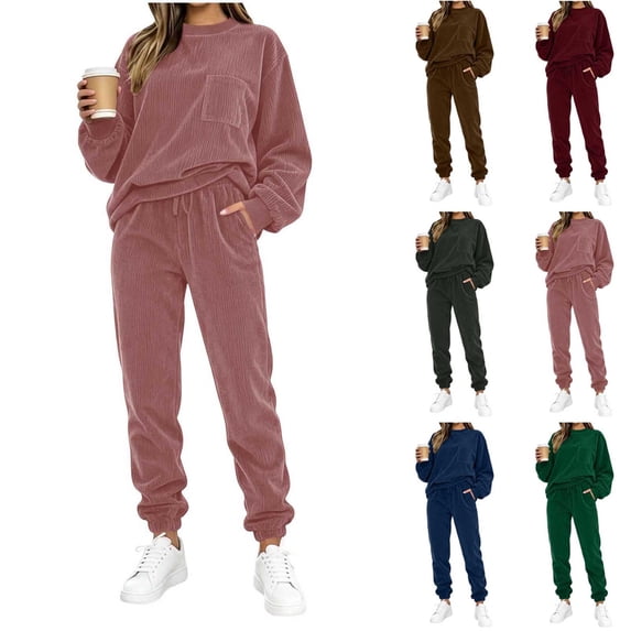 Dzrciro Sets for Women, Corduroy Long Sleeve Crew Neck Tops and Elastic Waist Jogger Pants with Pockets, Warm Daily Weekend Sets S‑2XL