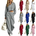 thumbnail image 1 of Dzrciro Sets for Women, Long Sleeve Lapel Half Zip Cropped Tops and Elastic Waist Wide Leg Pants with Pockets, Tendy Casual 2 Piece Sets S‑2XL, 1 of 10