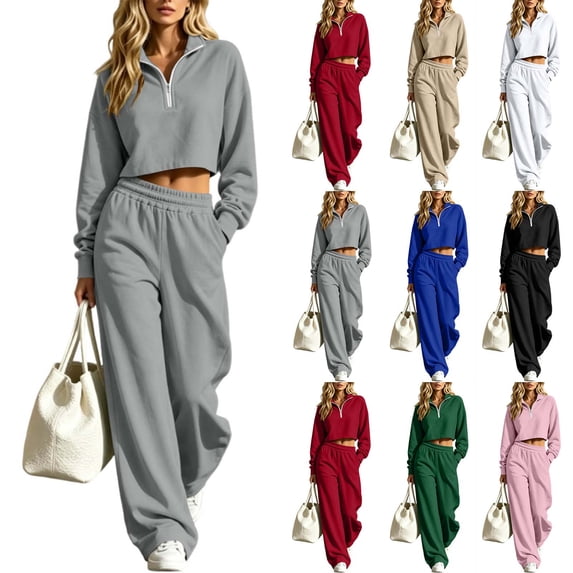 Dzrciro Sets for Women, Long Sleeve Lapel Half Zip Cropped Tops and Elastic Waist Wide Leg Pants with Pockets, Tendy Casual 2 Piece Sets S‑2XL