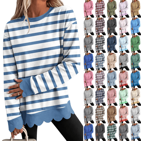 Dzrciro Sweatshirt for Women, Stripe Long Sleeve Crew Neck Blue Pullover Tops with Scalloped Hem, Fall Casual Loose Comfy Sweatshirts S-2XL