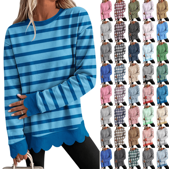 Dzrciro Sweatshirt for Women, Stripe Long Sleeve Crew Neck Navy Pullover Tops with Scalloped Hem, Fall Casual Loose Comfy Sweatshirts S-2XL