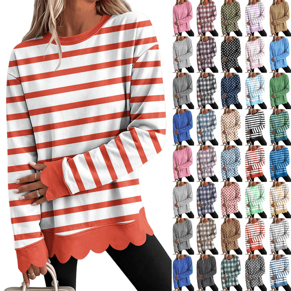 Dzrciro Sweatshirt for Women, Stripe Long Sleeve Crew Neck Orange Pullover Tops with Scalloped Hem, Fall Casual Loose Comfy Sweatshirts S-2XL