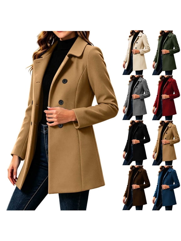 Trench Coat Women, Wool Blend Long Sleeve Collared Thicken Double Breasted Mid Length Overcoat with Pockets, Warm Comfortable Office Bussiness Work Jackets S-2XL
