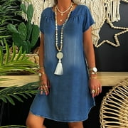 Dzwdwz Fashion Women Casual Sexy V-Neck Solid Dresses Summer Short Sleeve Pullover Dress Womens Summer Dresses Comfortable and Breathable Fabric Elegant Dresses For Ladies Dark Blue