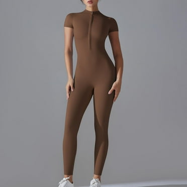 Dzwdwz Womens Jumpsuits Dressy Summer Casual One Piece Outfits Solid Zipper Short Sleeve Yoga Suit Jumpsuit Quick-Drying Breathable Outdoor Sports Tight Jumpsuit Fitness Clothes 0 Brown