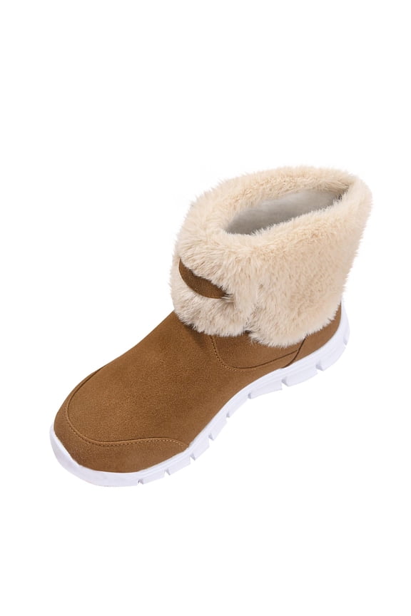 E-02 Brown Ladies Suede Snow Boots Faux Fur Cuff Platform Sole Chunky Heel Fall Winter Comfortable Warm Knee High Thick Sole Boots