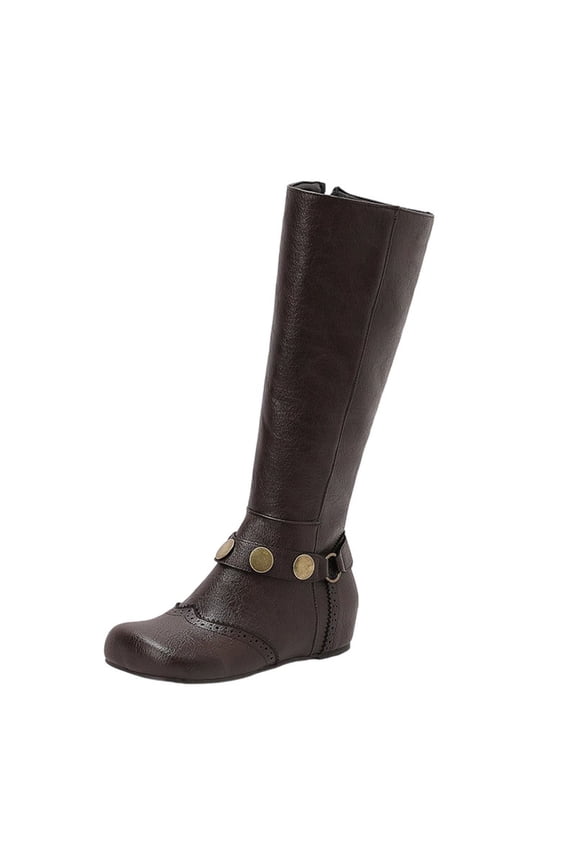 E-12 Brown Womens Winter Casual Boots Lace Up Round Toe Flat Sole Knee High Solid Color Ladies