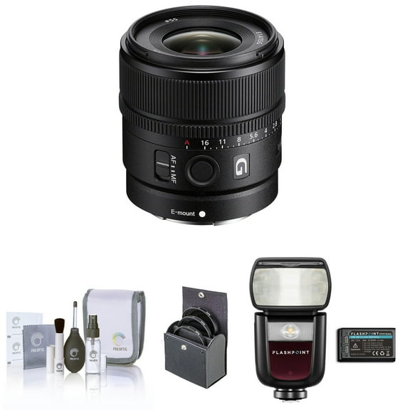 Sony E 15mm f/1.4 G Lens, Bundle with Flashpoint Zoom Li-on III R2 TTL Speedlight Flash, 55mm Filter Kit, Cleaning Kit