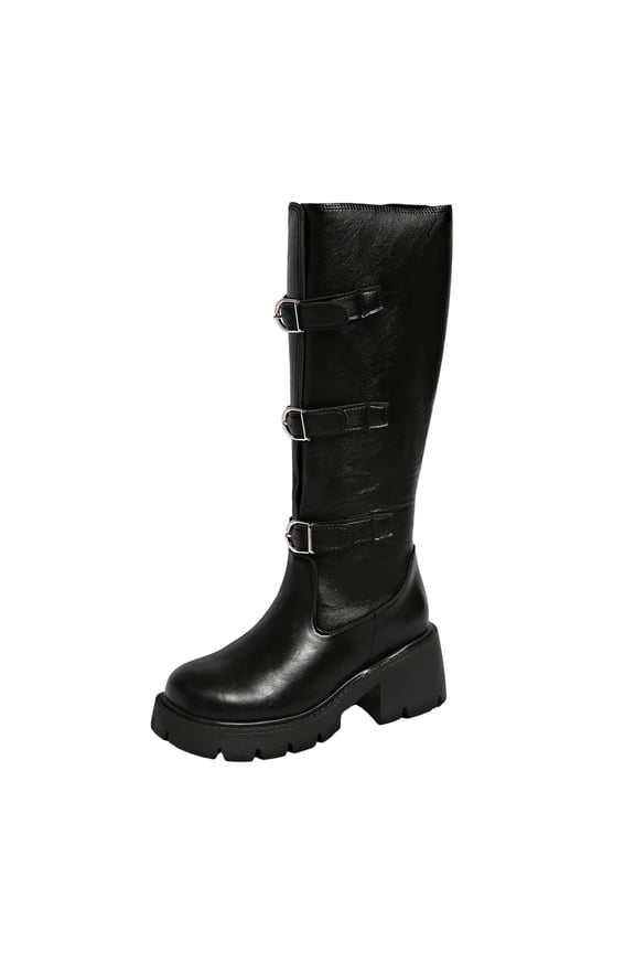 E-378 Black Ladies Round Toe Leather Knee High Boots Fall Winter Chunky Heel Platform Buckle Boots 2026