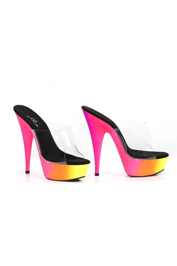 E-609-Sherbert, 6 Inch Rainbow Design Neon Mule Womans Sandal Mule Blacklight sensitive Clear/Sherbert / 6