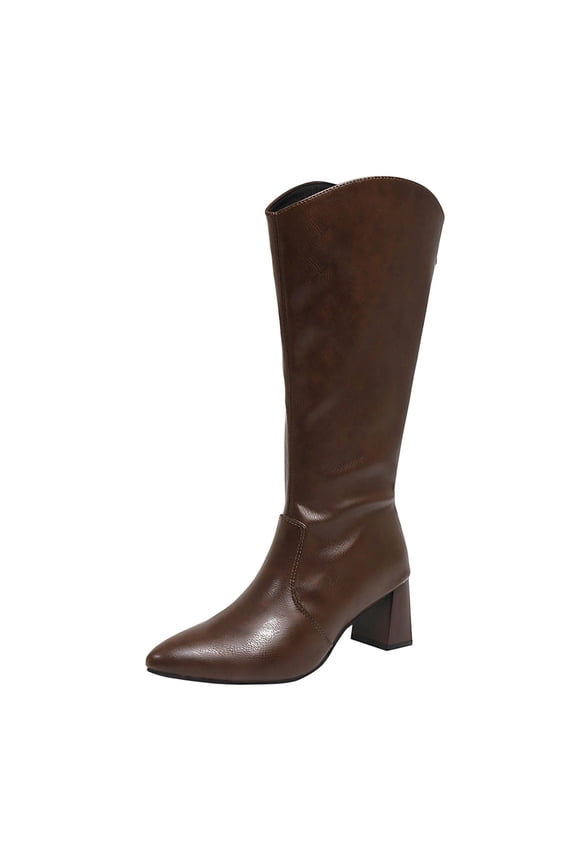 E-643 Brown Womens On Back Zipper Boots Pointed Toe Mid Calf Comfortable Booties